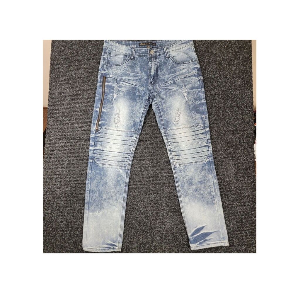 Bleecker & Mercer Men's Distressed Moto Biker Jeans 36x32 Acid Wash Light Blue